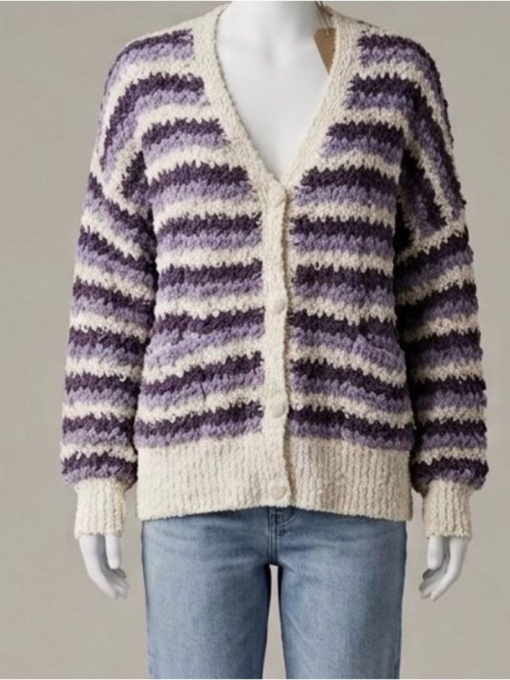 NWT! Cozy Striped V‑Neck Cardigan Sweater in Cream and Purple